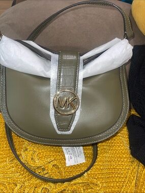 Michael Kors Olive Green Leather MK Logo Shoulder Bag with Gold Hardware